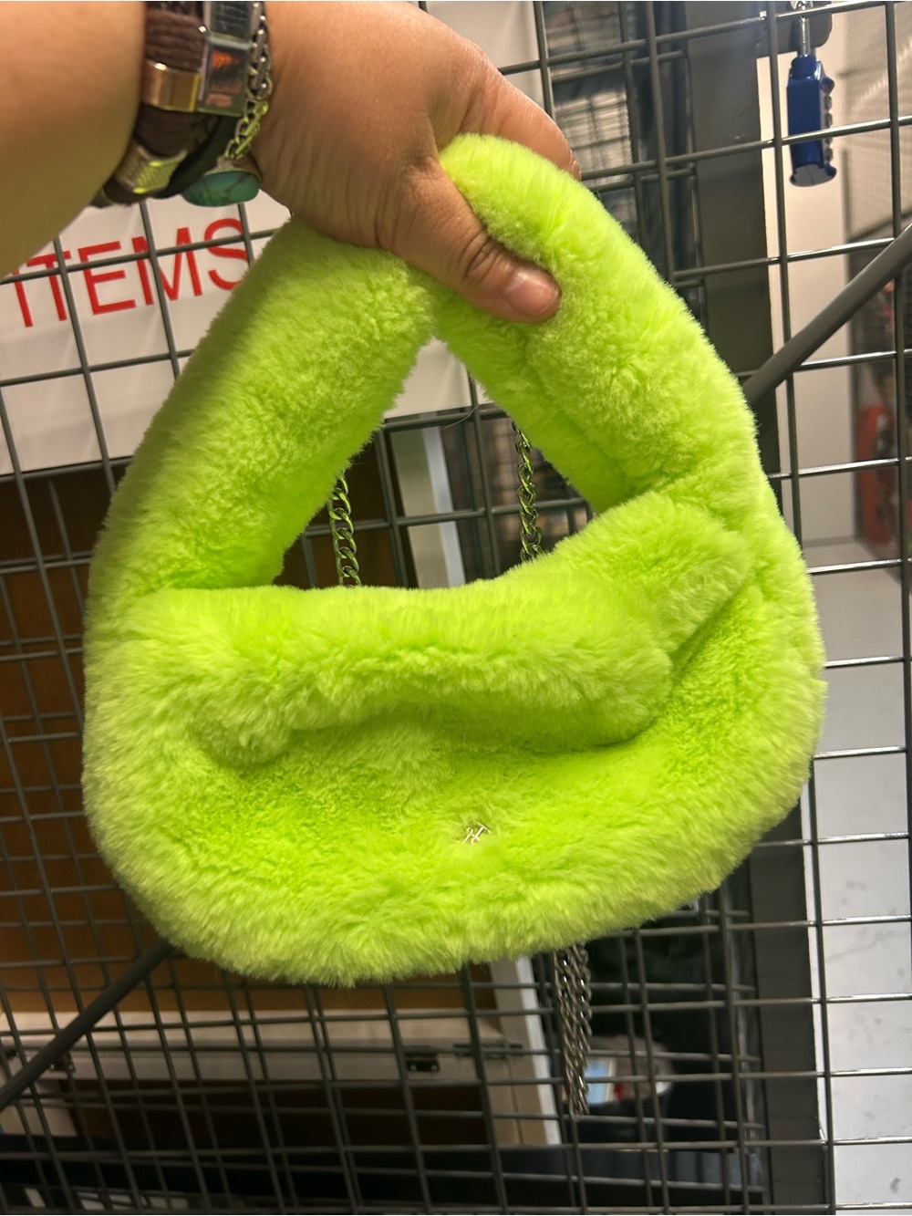 Faux Fur Chain Shoulder Bag in Neon Green plushy soft Dolls Kill style club rave - Picture 4 of 9